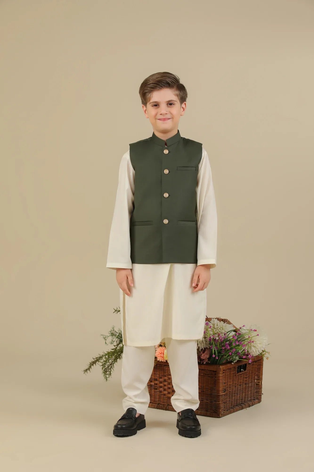 Bosky White Kurta Trouser with Army Green Suiting Waistcoat - Straight Cut - Kids - Muraqsh -- Kidswear