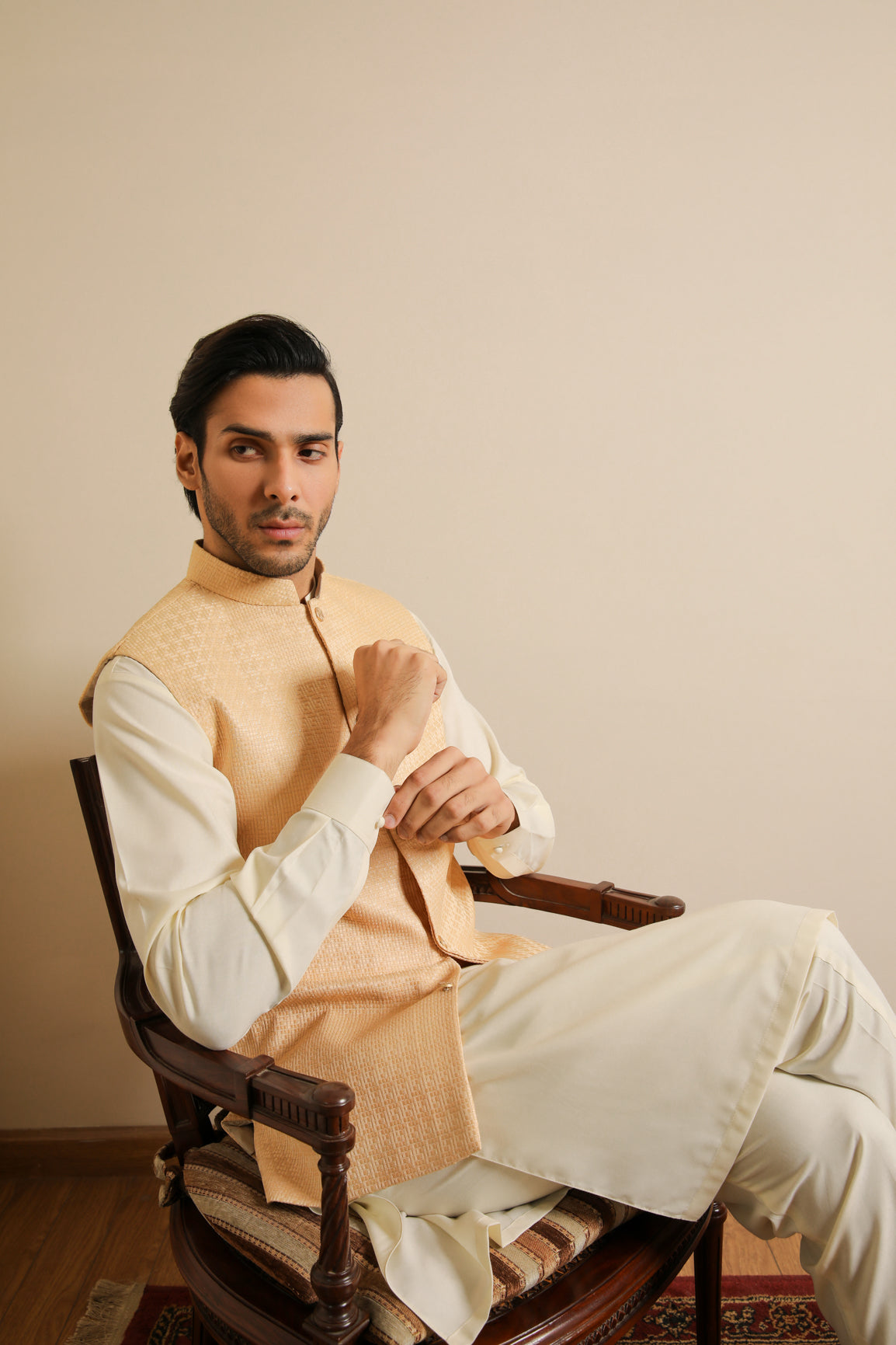 Bosky White Kurta Trouser with Skin Jamawar Waistcoat - 3PC - Men