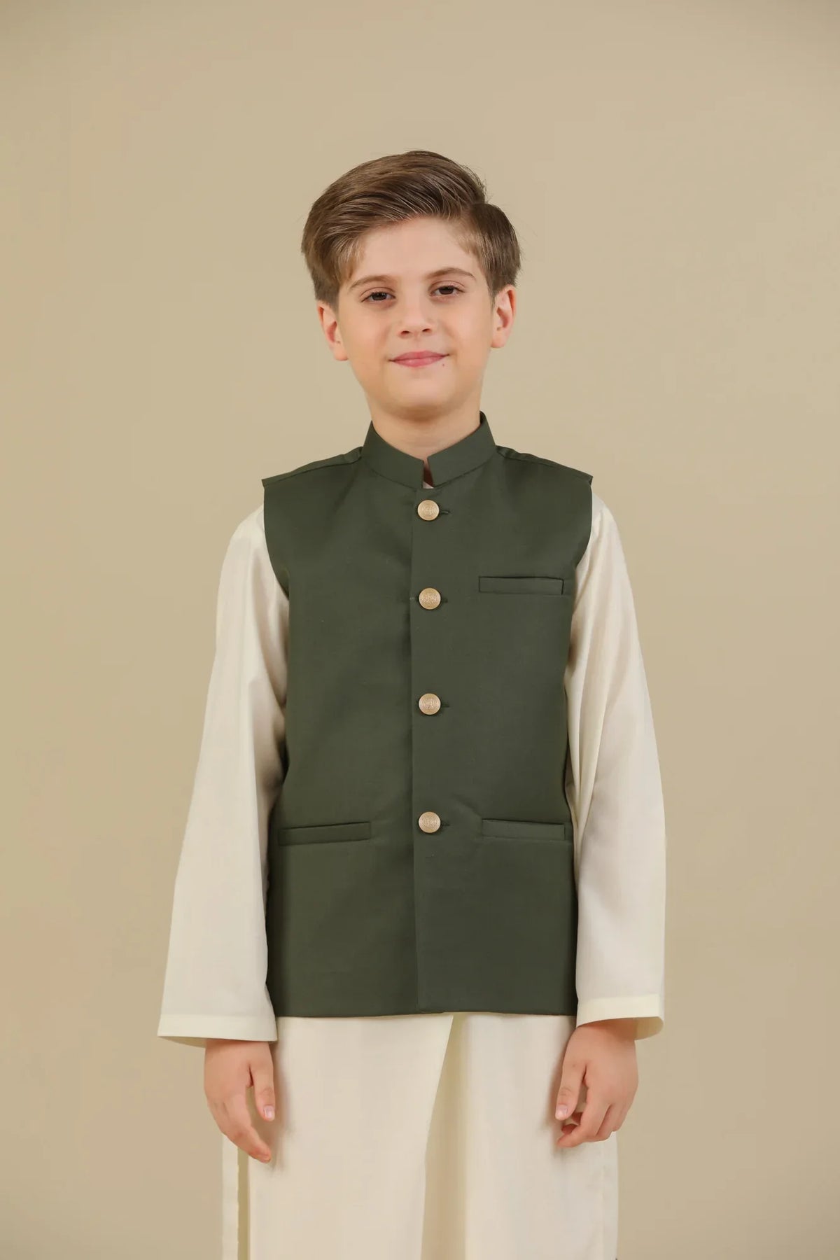 Bosky White Kurta Trouser with Army Green Suiting Waistcoat - Straight Cut - Kids - Muraqsh -- Kidswear