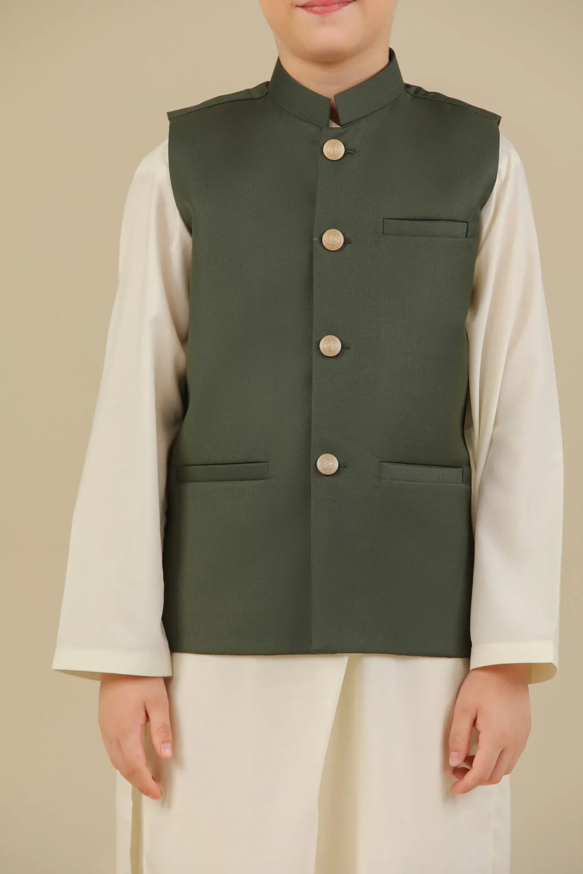 Army Green Suiting Waistcoat - Straight Cut Buttoned - Kids - Muraqsh -- Kidswear