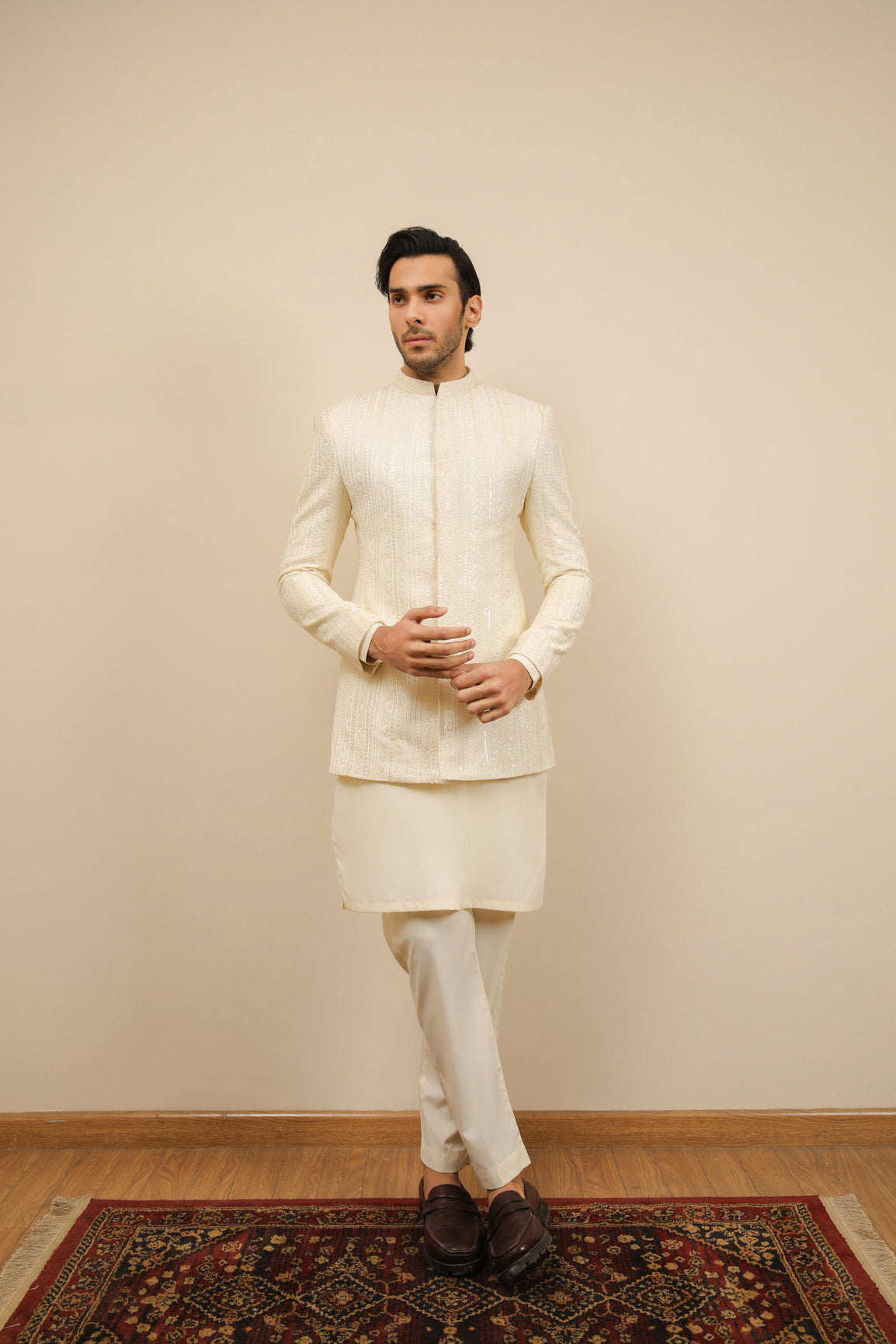 Bosky White Falling Embroidered Prince Coat - Men