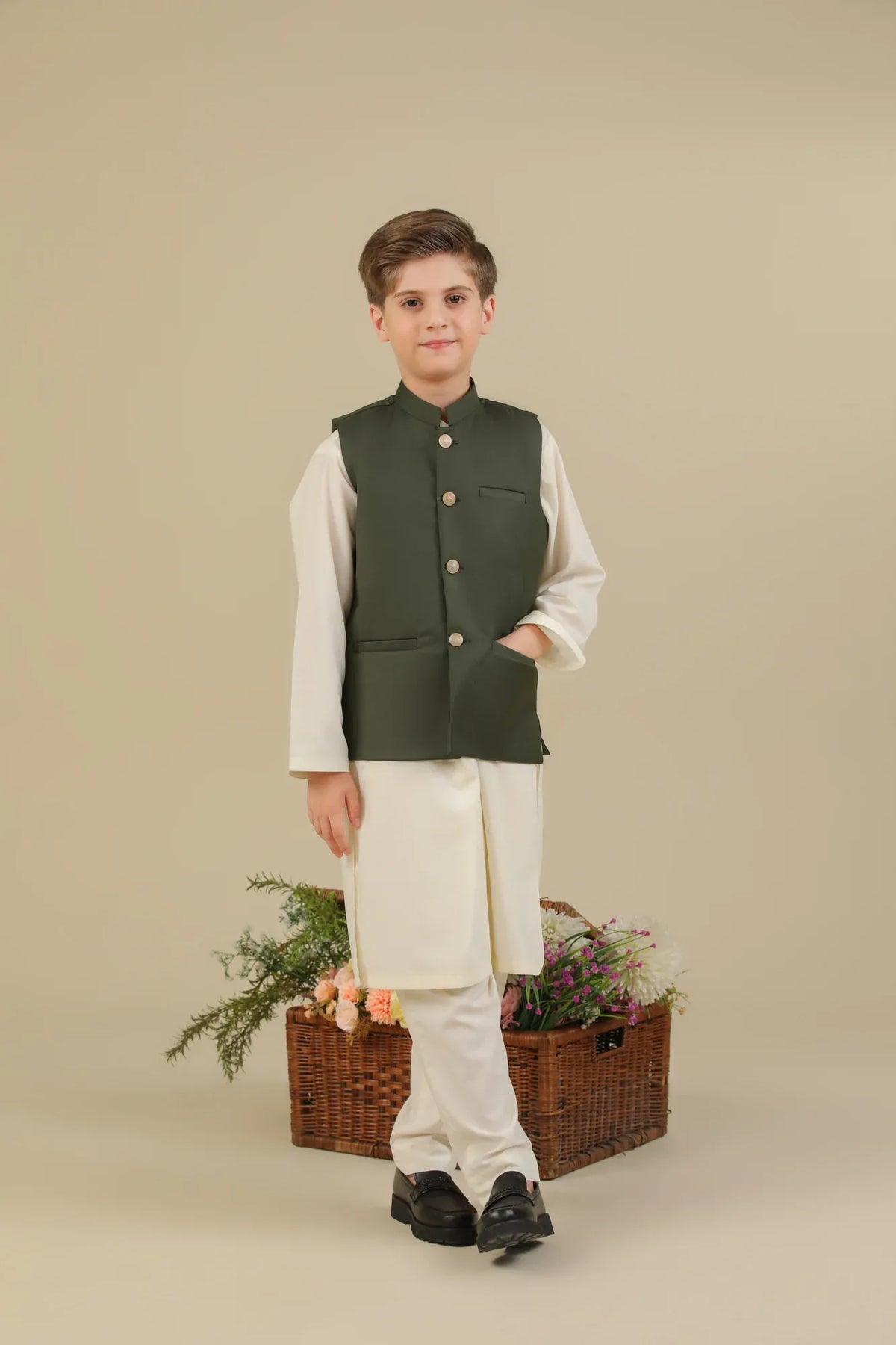 Bosky White Kurta Trouser with Army Green Suiting Waistcoat - Straight Cut - Kids - Muraqsh -- Kidswear