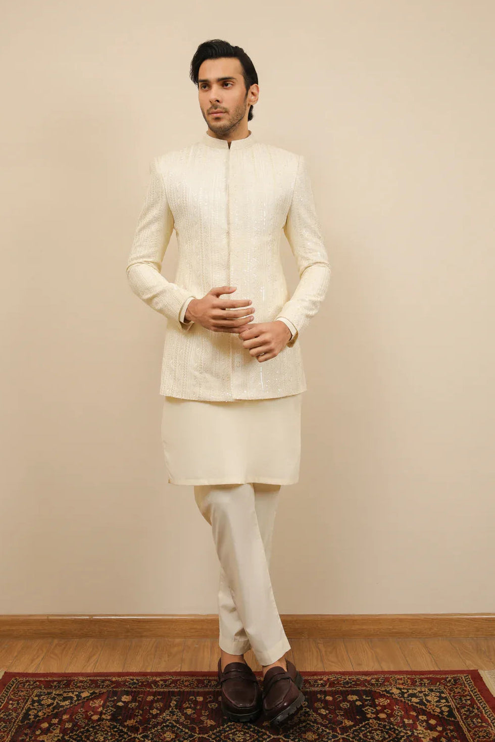 Bosky White Kurta Trouser with Falling Embroidered Prince Coat - 3PC - Men - Muraqsh -- Wedding Wear