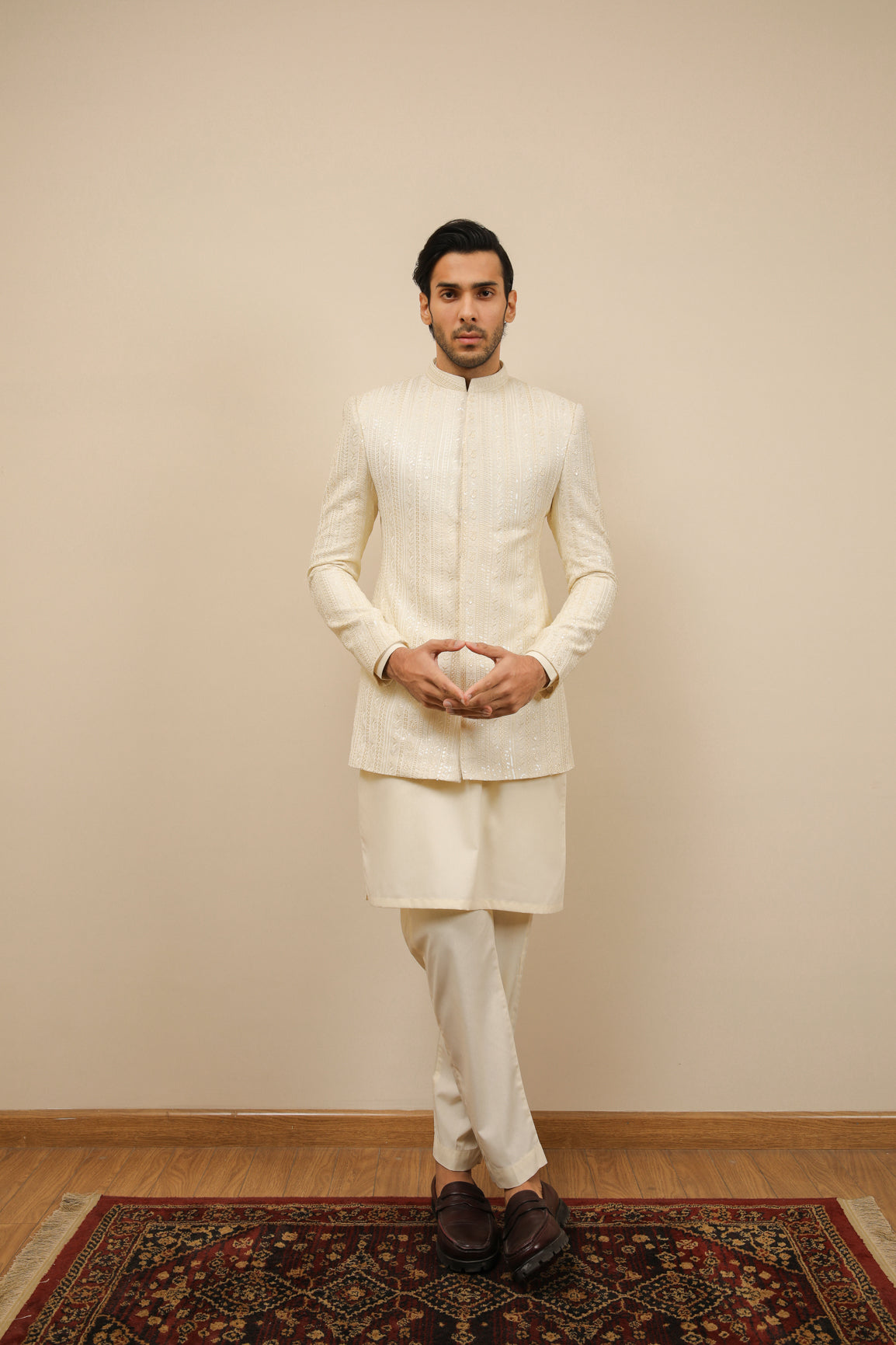 Bosky White Falling Embroidered Prince Coat - Men