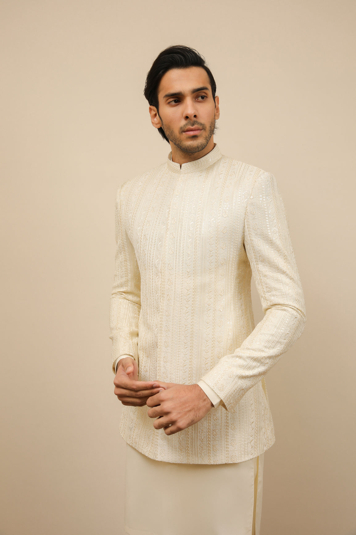 Bosky White Falling Embroidered Prince Coat - Men