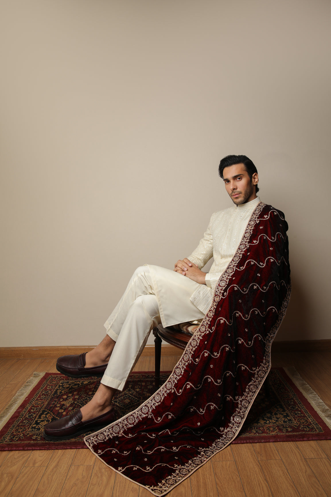 Maroon Embroidered Velvet Shawl - Men