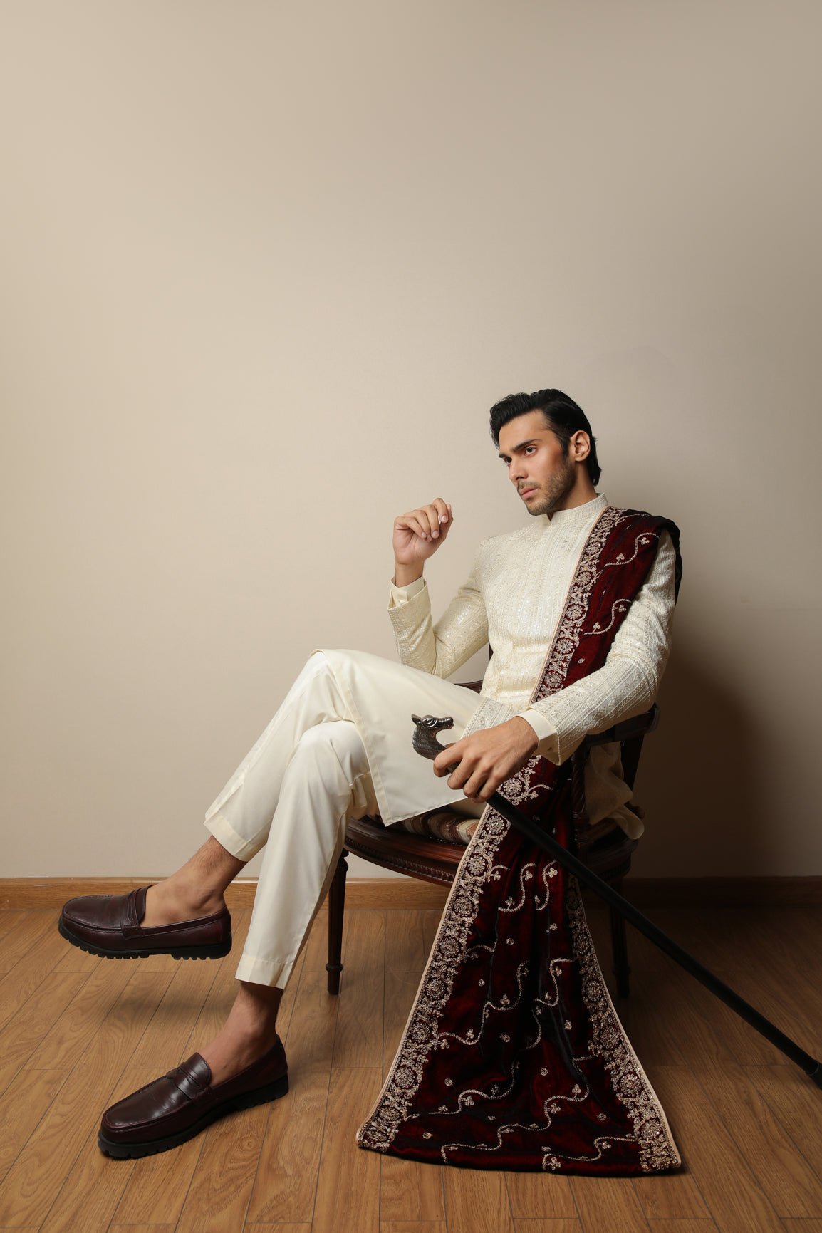 Maroon Embroidered Velvet Shawl - Men