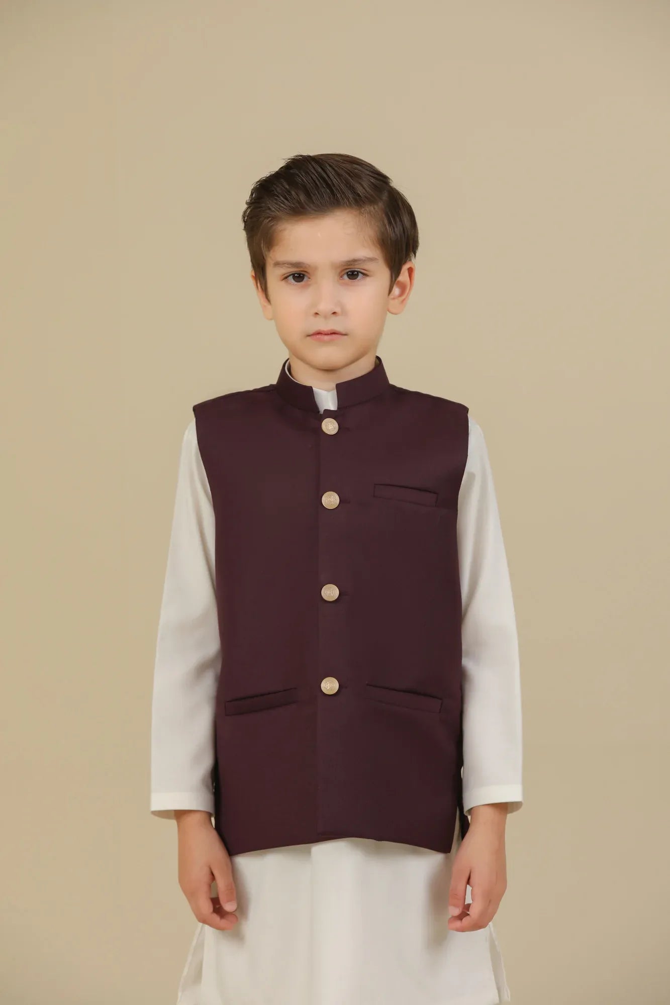 Off White Kurta Trouser with Burgundy Suiting Waistcoat - Straight Cut - Kids - Muraqsh -- Kidswear