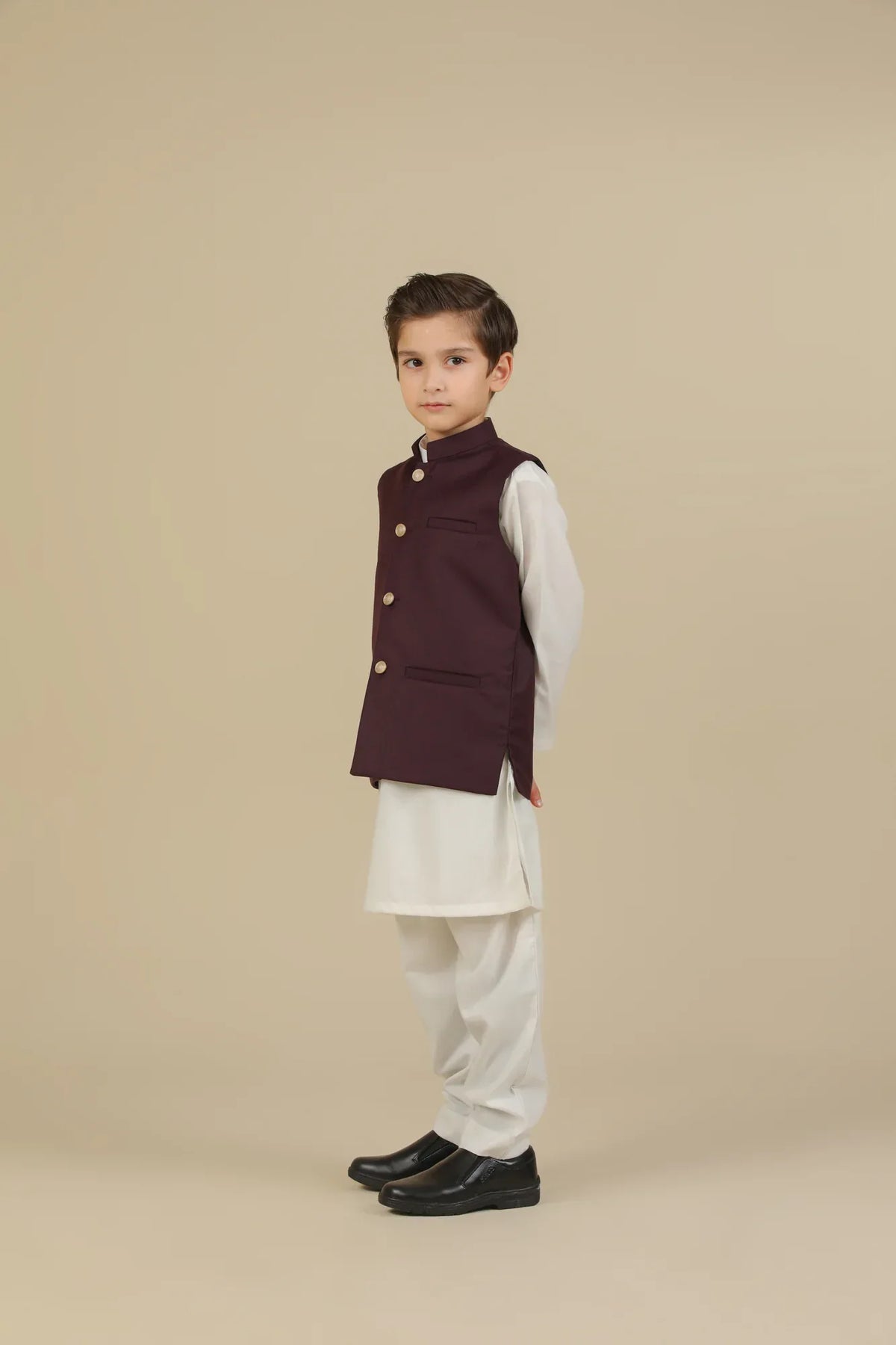 Off White Kurta Trouser with Burgundy Suiting Waistcoat - Straight Cut - Kids - Muraqsh -- Kidswear