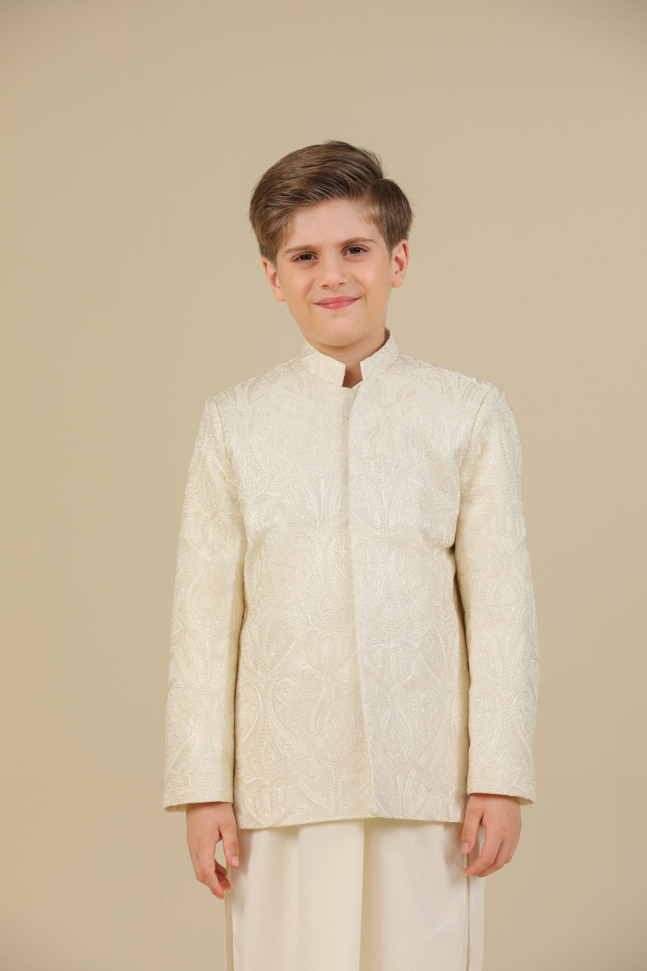Bosky White Cross Stitched Embroidered Prince Coat - Kids - Men