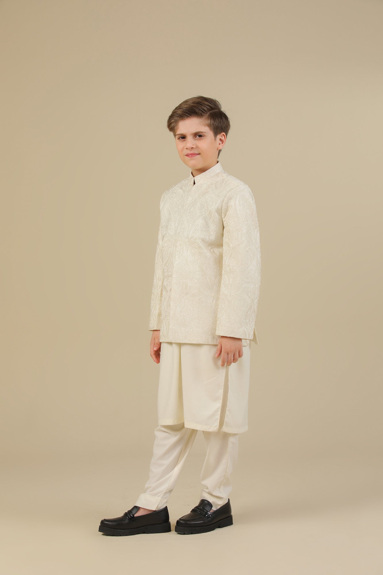 Bosky White Kurta Trouser with Cross Stitched Embroidered Prince Coat - 3PC - Kids - Men