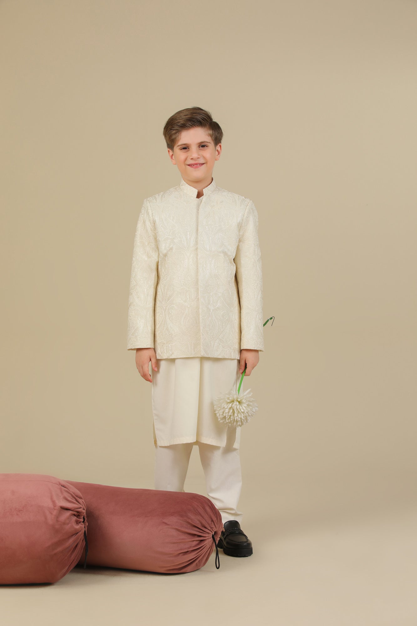 Bosky White Kurta Trouser with Cross Stitched Embroidered Prince Coat - 3PC - Kids - Men