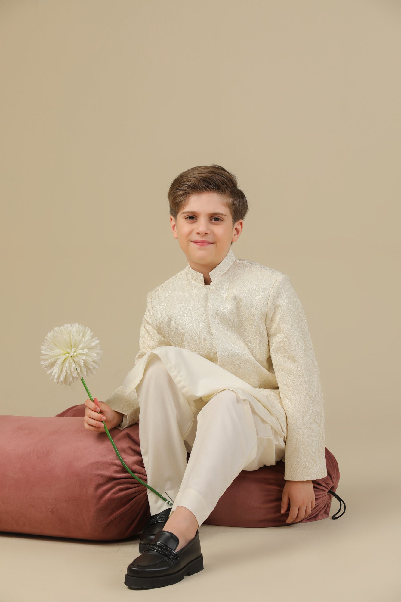Bosky White Kurta Trouser with Cross Stitched Embroidered Prince Coat - 3PC - Kids - Men
