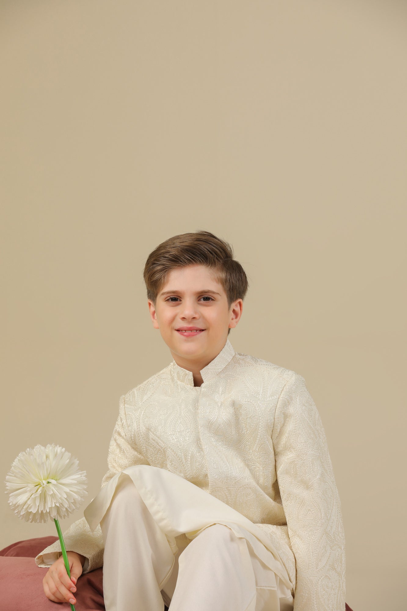 Bosky White Cross Stitched Embroidered Prince Coat - Kids - Men