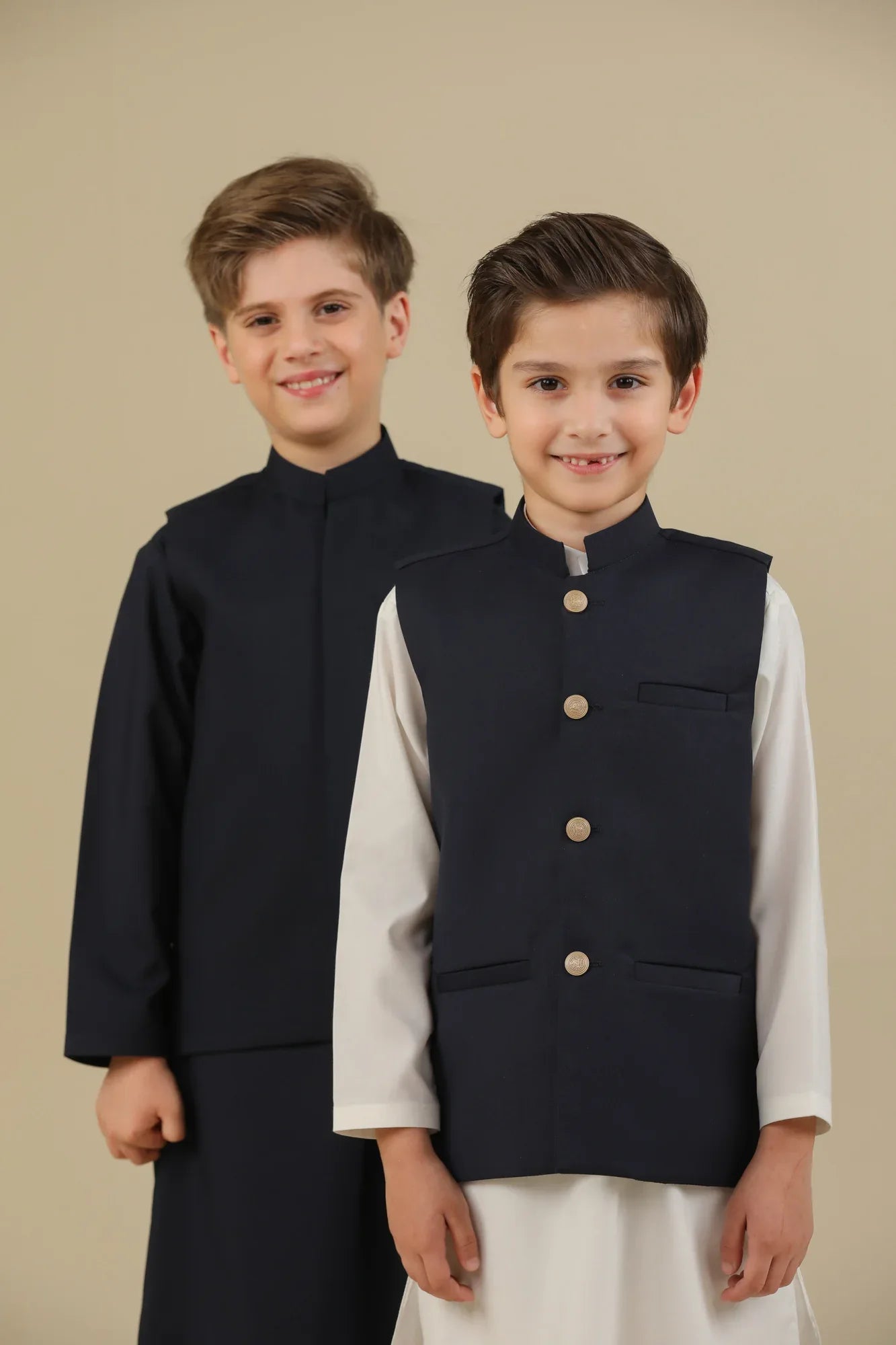 Off White Kurta Trouser with Blue Suiting Waistcoat - Straight Cut - Kids - Muraqsh -- Kidswear