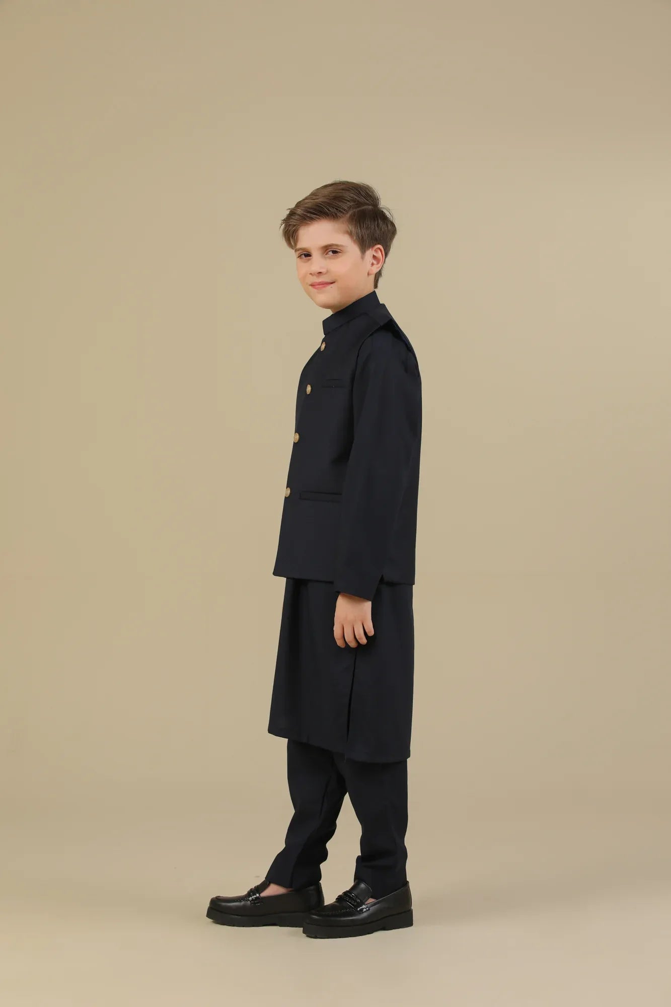 Navy Blue Kurta Trouser with Suiting Waistcoat - Straight Cut - Kids - Muraqsh -- Kidswear