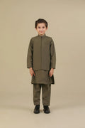 Olive Green Kurta Trouser with Blended Waistcoat - Kids