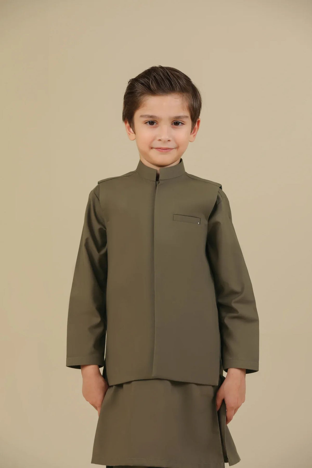 Olive Green Kurta Trouser with Blended Waistcoat - Kids - Muraqsh -- Kidswear