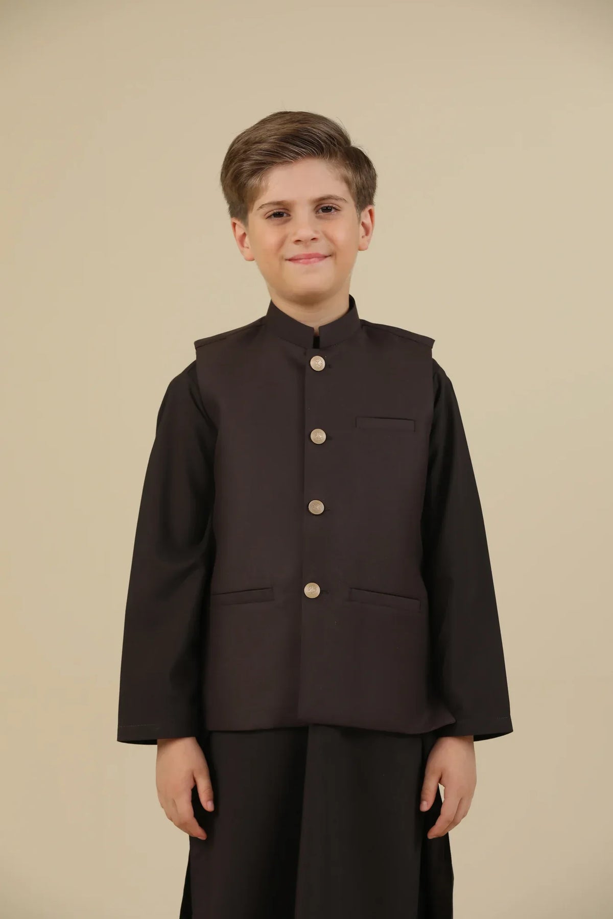 Dark Brown Kurta Trouser with Suiting Waistcoat - Straight Cut - Kids - Muraqsh -- Kidswear