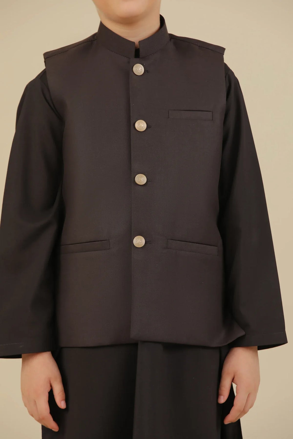 Dark Brown Kurta Trouser with Suiting Waistcoat - Straight Cut - Kids - Muraqsh -- Kidswear