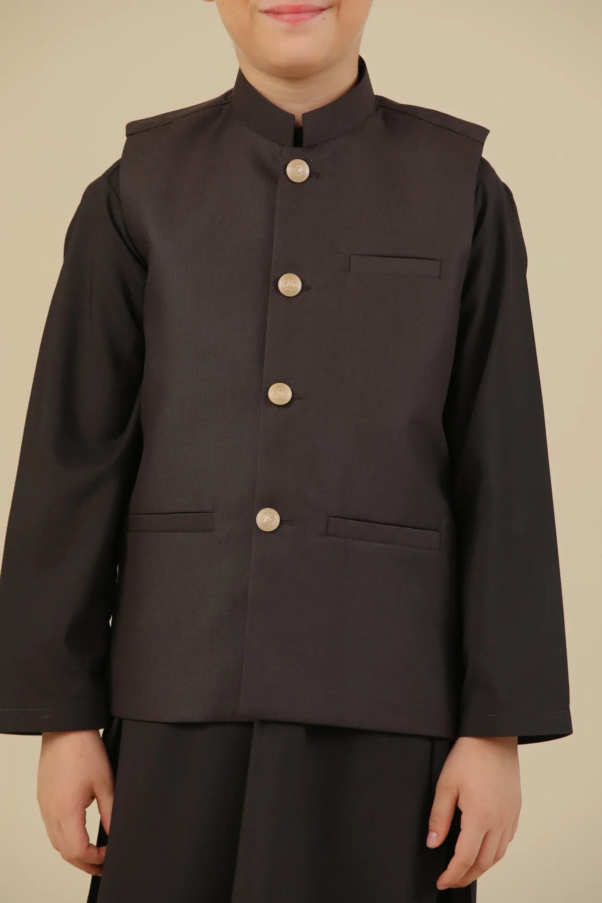 Dark Brown Kurta Trouser with Suiting Waistcoat - Straight Cut - Kids - Muraqsh -- Kidswear