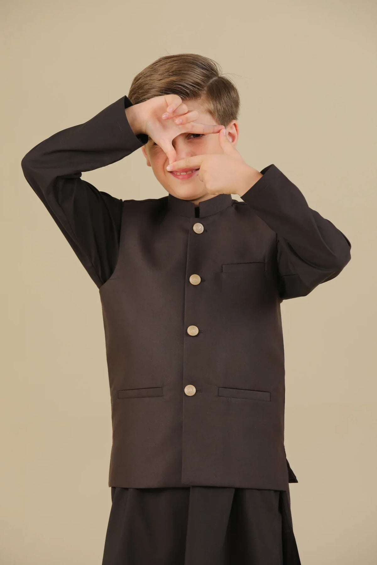 Dark Brown Kurta Trouser with Suiting Waistcoat - Straight Cut - Kids - Muraqsh -- Kidswear