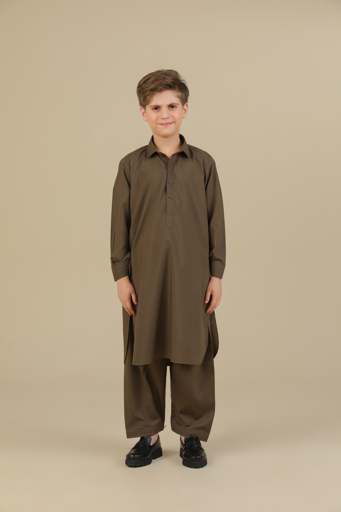 Olive Green French Collar Kurta Trouser - Kids - Men