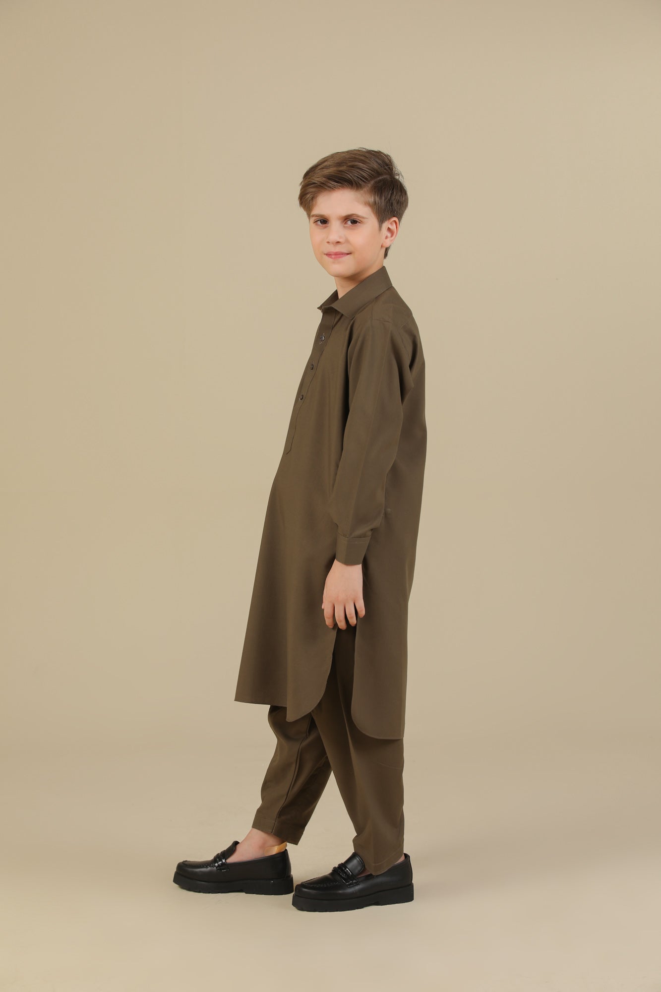 Olive Green French Collar Kurta Trouser - Kids - Men