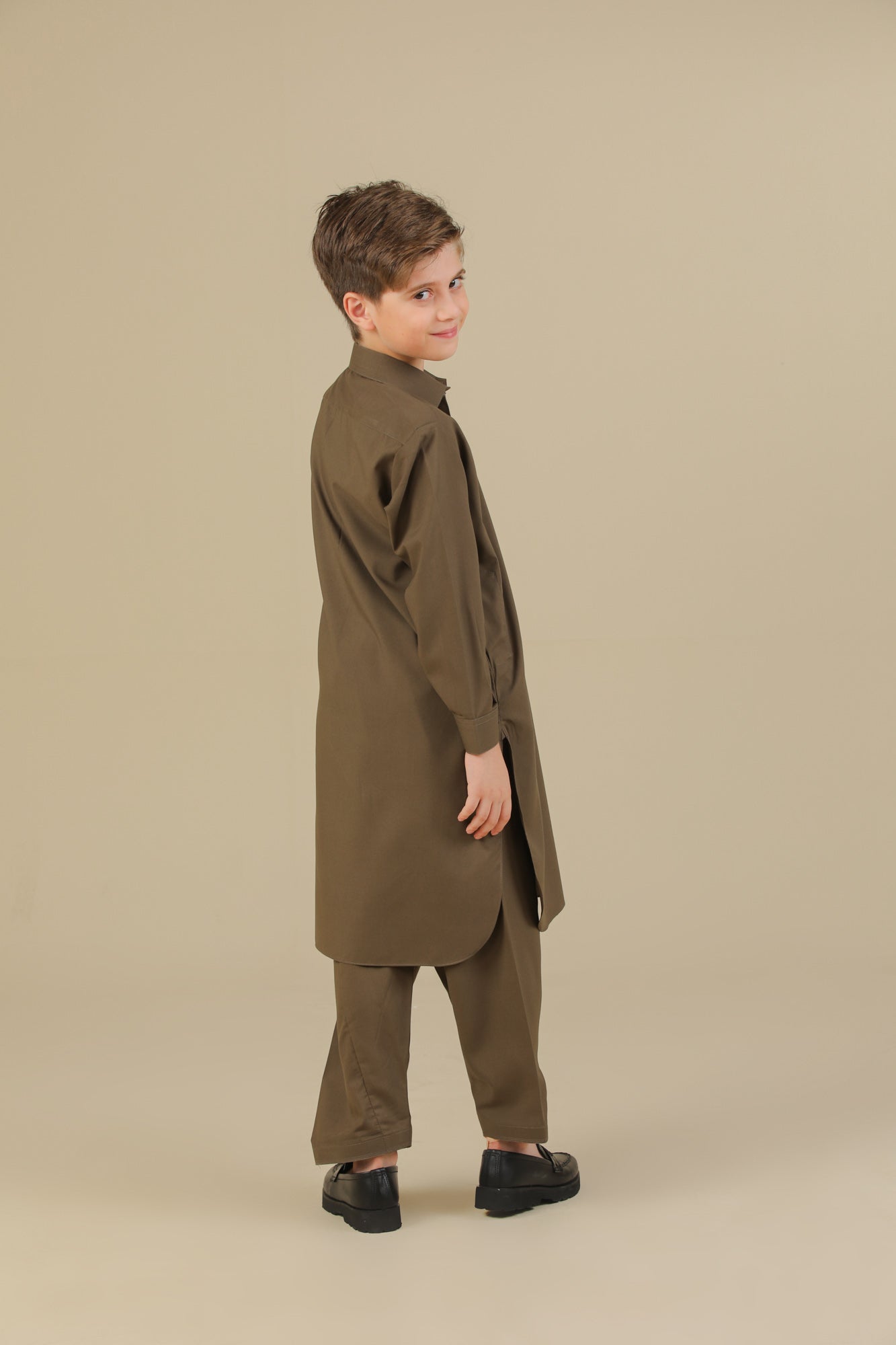 Olive Green French Collar Kurta Trouser - Kids - Men