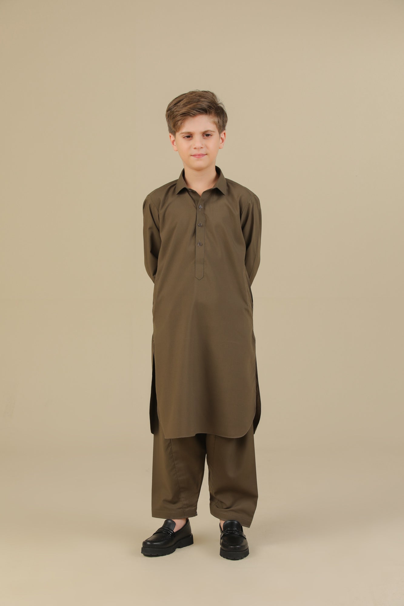 Olive Green French Collar Kurta Trouser - Kids - Men
