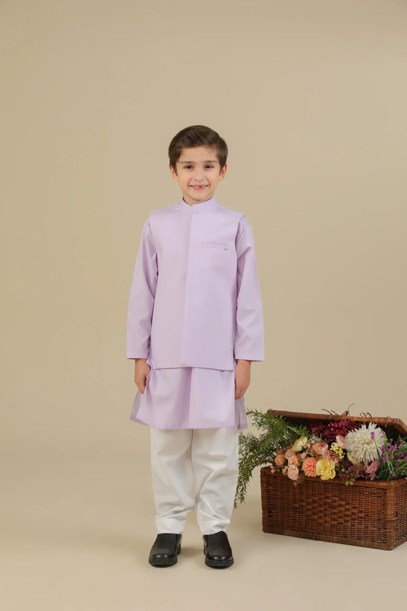 Lilac Kurta Trouser with Blended Waistcoat - Kids - Muraqsh -- Kidswear