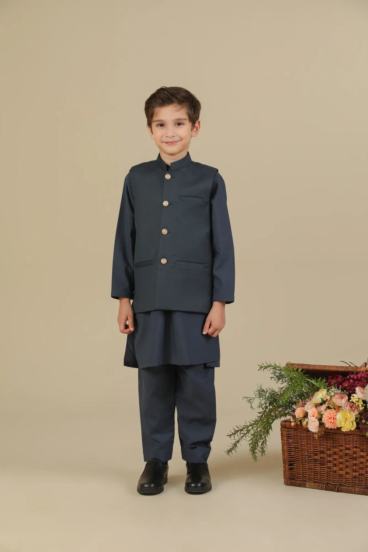 Charcoal Grey Kurta Trouser with Suiting Waistcoat - Straight Cut - Kids - Muraqsh -- Kidswear