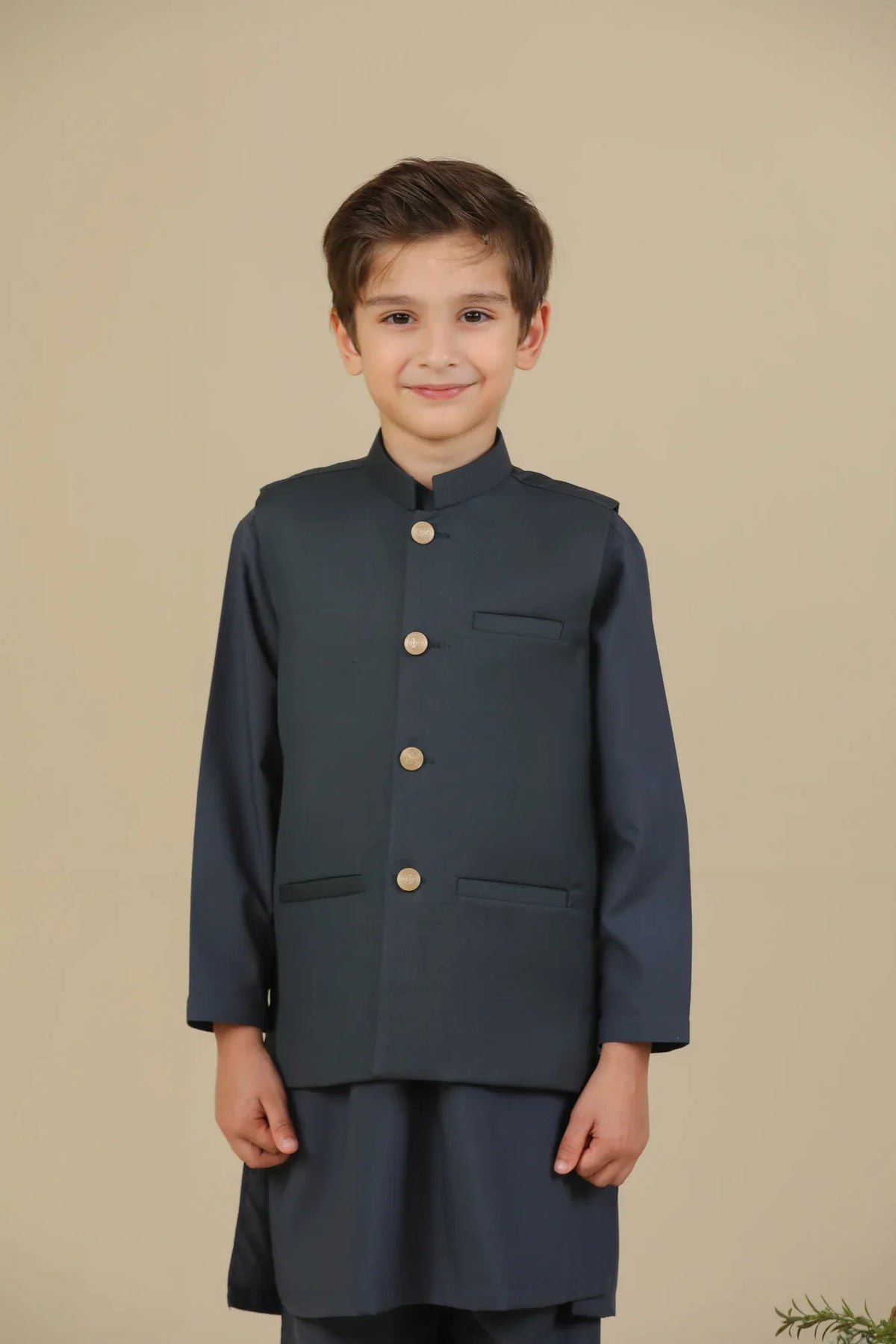 Charcoal Grey Kurta Trouser with Suiting Waistcoat - Straight Cut - Kids - Muraqsh -- Kidswear
