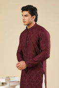 Miras - Maroon Raw Silk Embroidered Kurta Trouser - Men