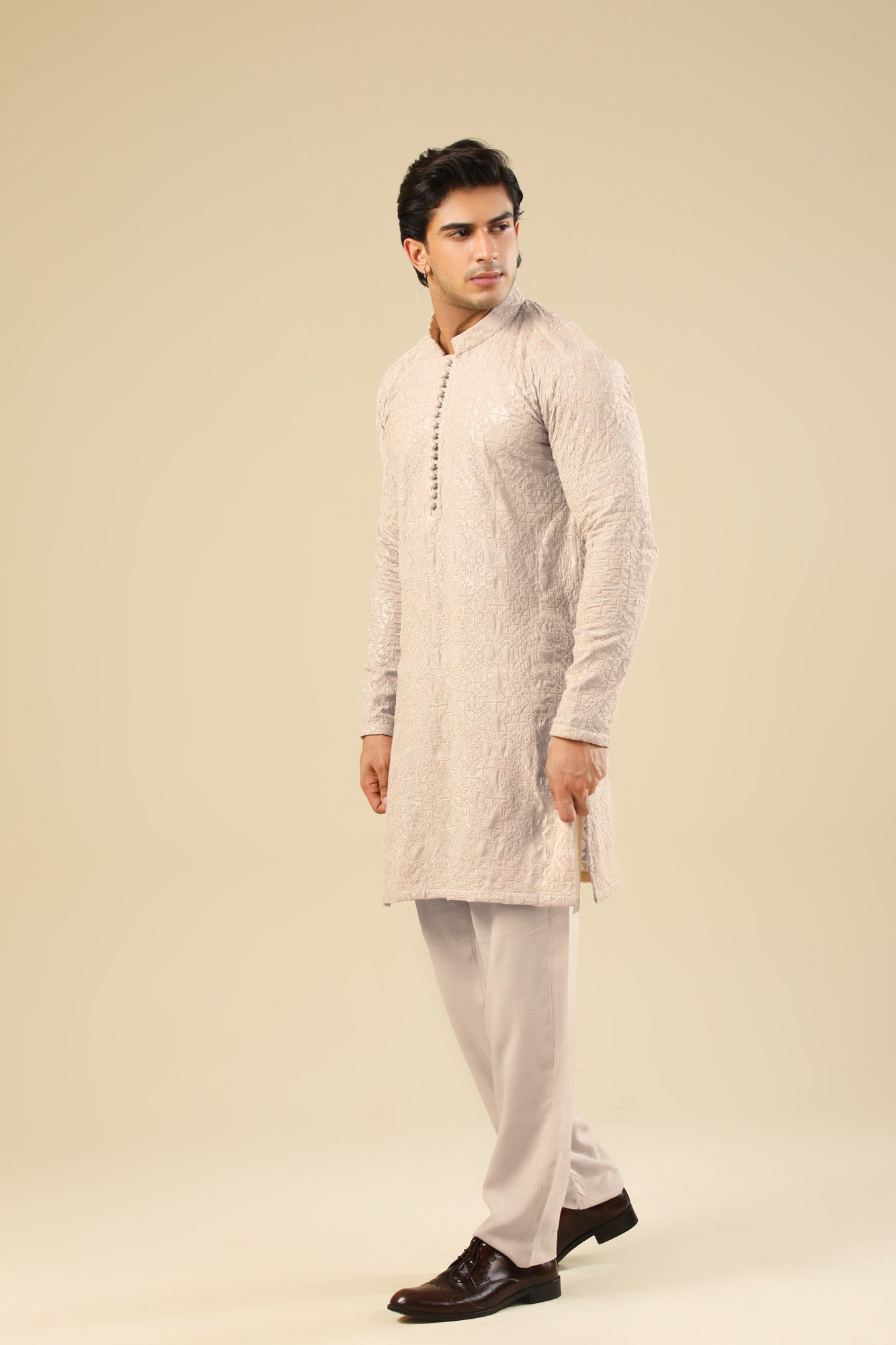 Tabir - Beige Raw Silk Embroidered Kurta Trouser - Men - Men