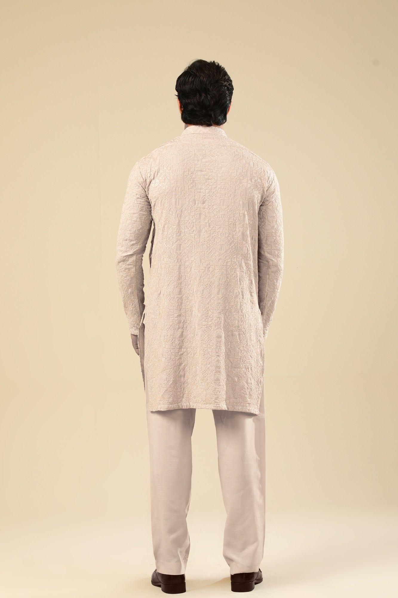 Tabir - Beige Raw Silk Embroidered Kurta Trouser - Men - Men