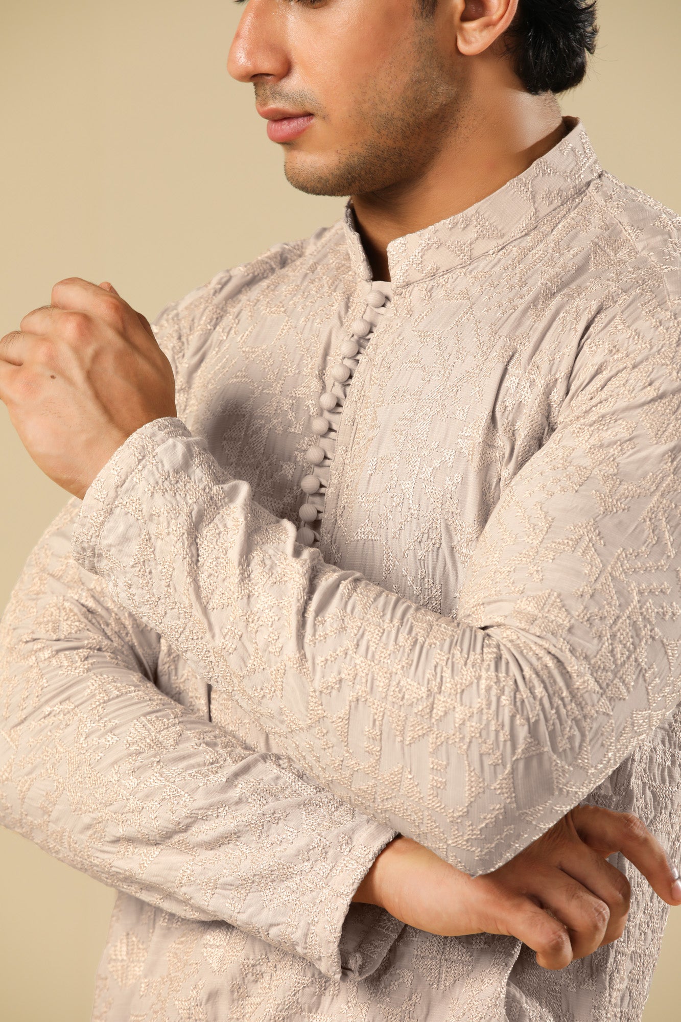 Tabir - Beige Raw Silk Embroidered Kurta Trouser - Men - Men