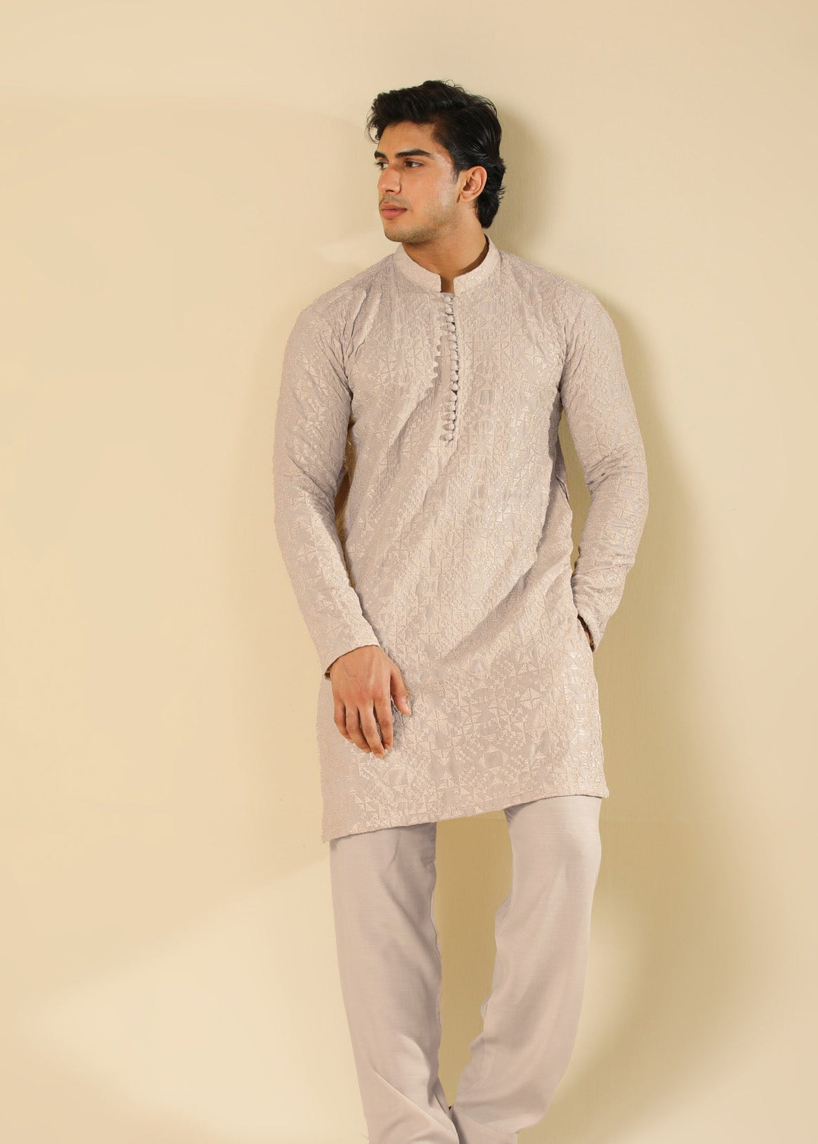 Tabir - Beige Raw Silk Embroidered Kurta Trouser - Men - Men