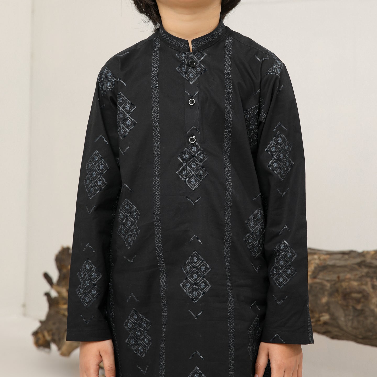Black Motif Cotton Embroidered Kurta Trouser - Kids