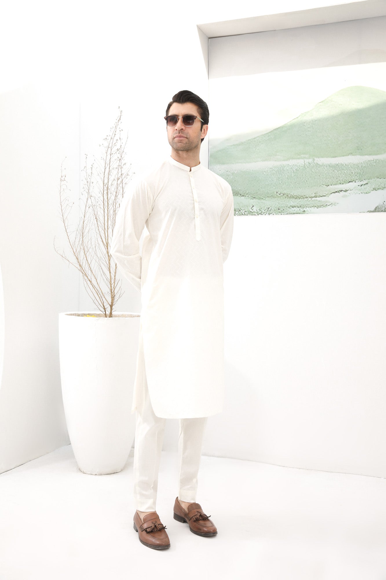 Off White Cotton Embroidered Kurta Trouser - Men - Men