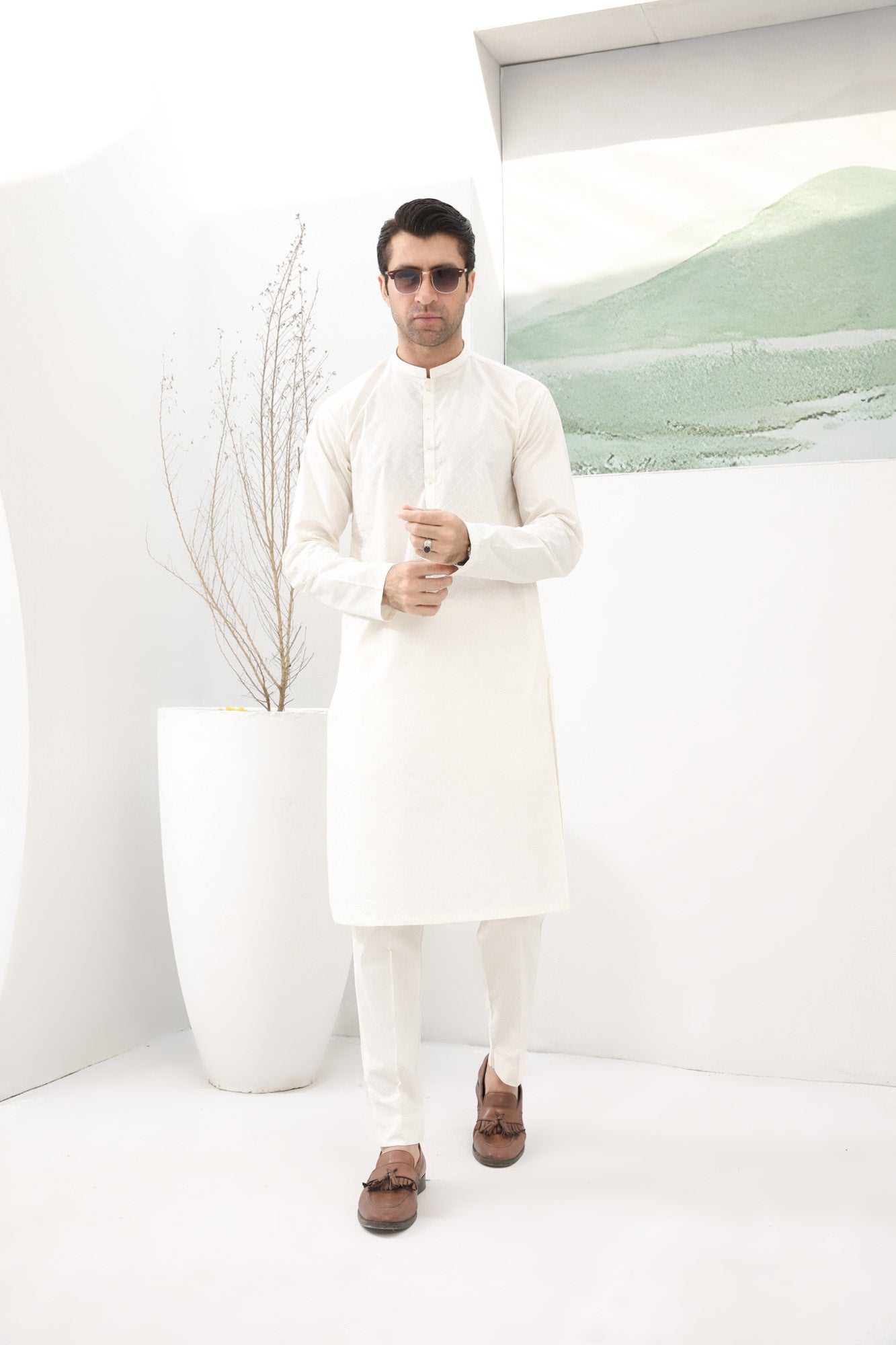 Off White Cotton Embroidered Kurta Trouser - Men - Men