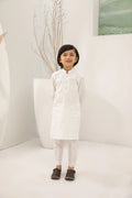 Off White Cotton Embroidered Kurta Trouser - Loop Buttons - Kids