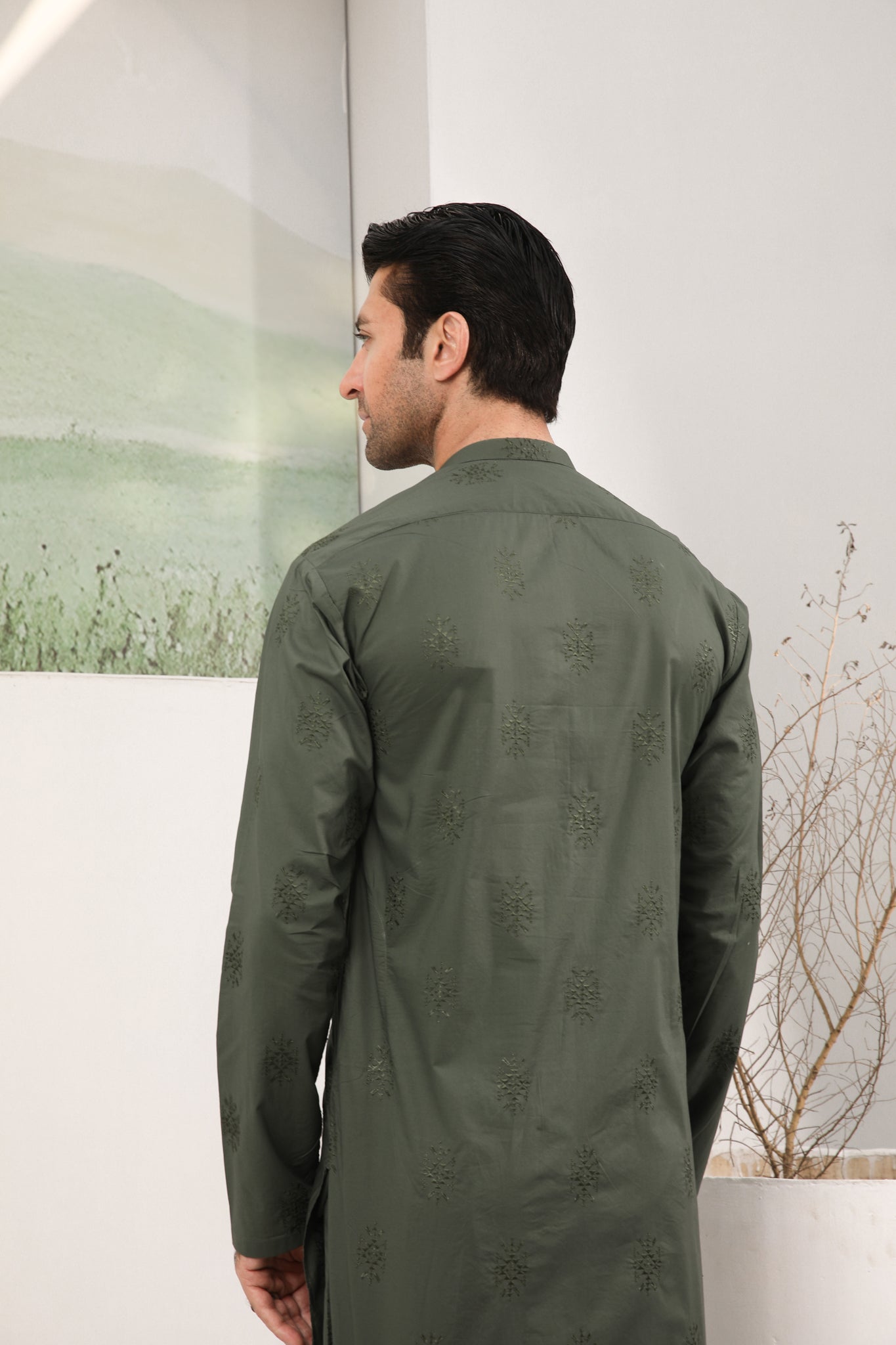 Army Green Cotton Embroidered Kurta Trouser - Men