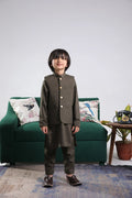 Olive Green Kurta Trouser with Blended Waistcoat - Round Cut Buttoned - Kids