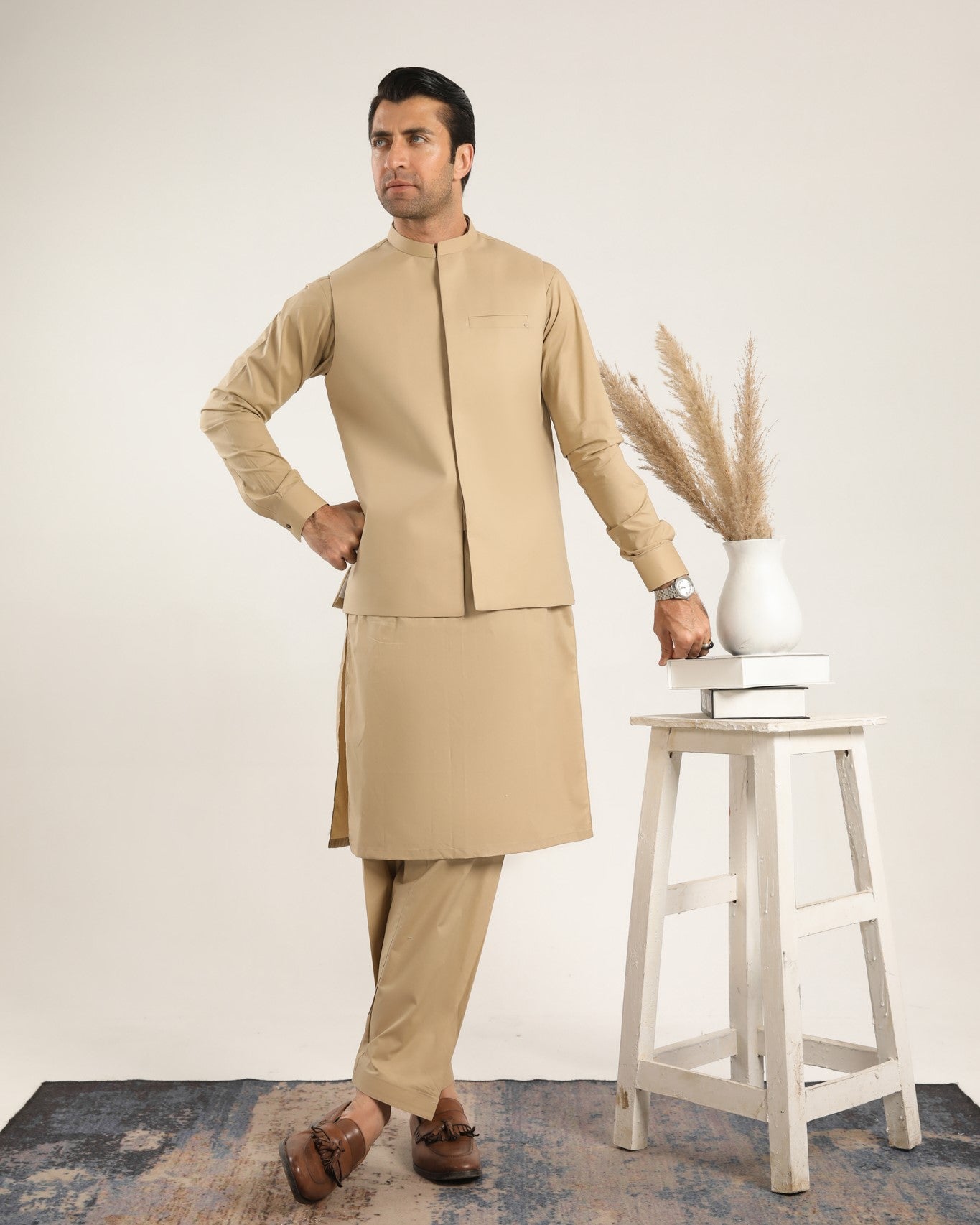Ivory Skin Soft Cotton Kurta Shalwar with Waistcoat - Men