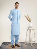 Sky Blue Soft Cotton Kurta Shalwar with Waistcoat - Men