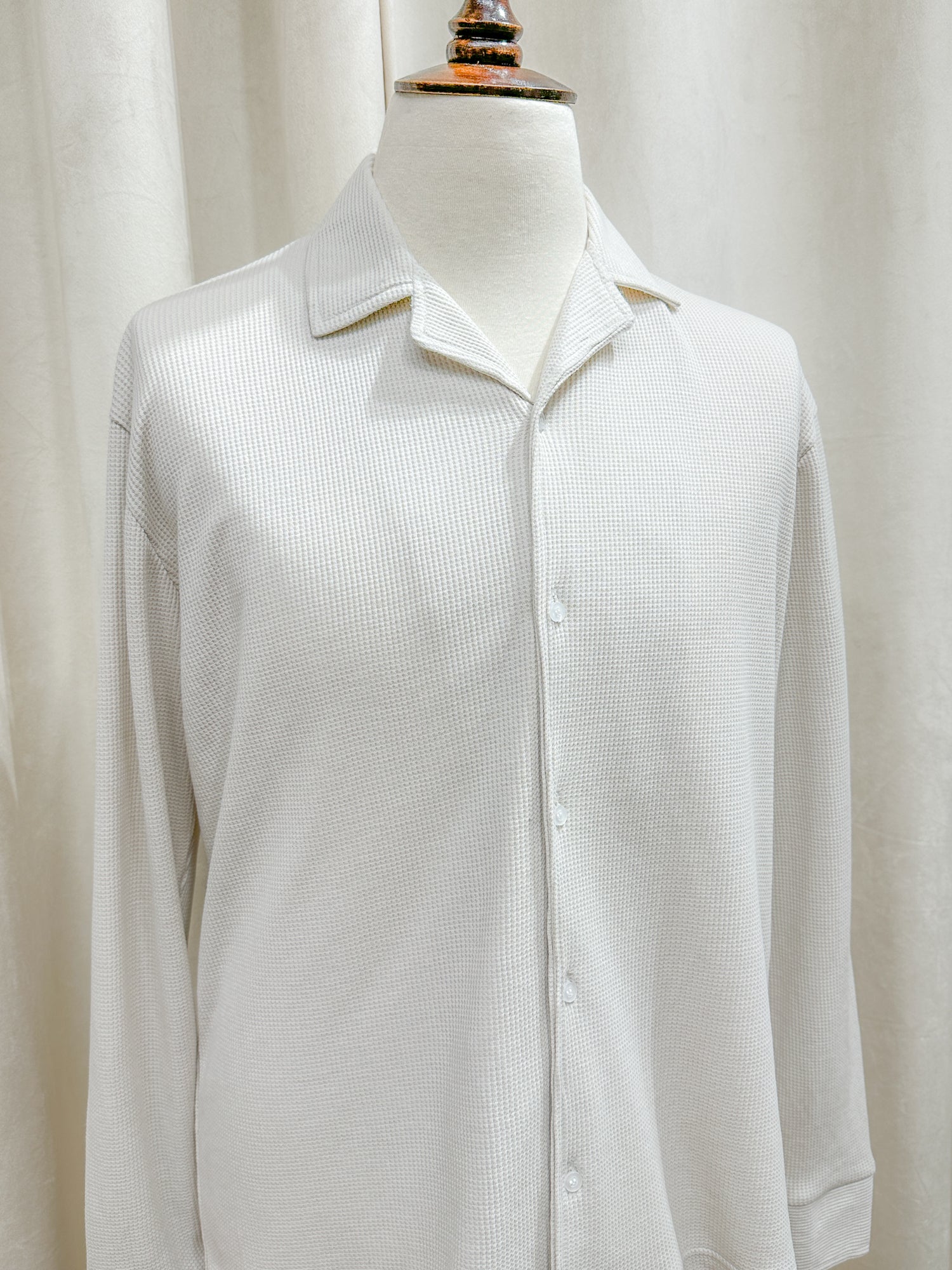 Off White Waffle Textured Revere Button Down - Full Sleeves