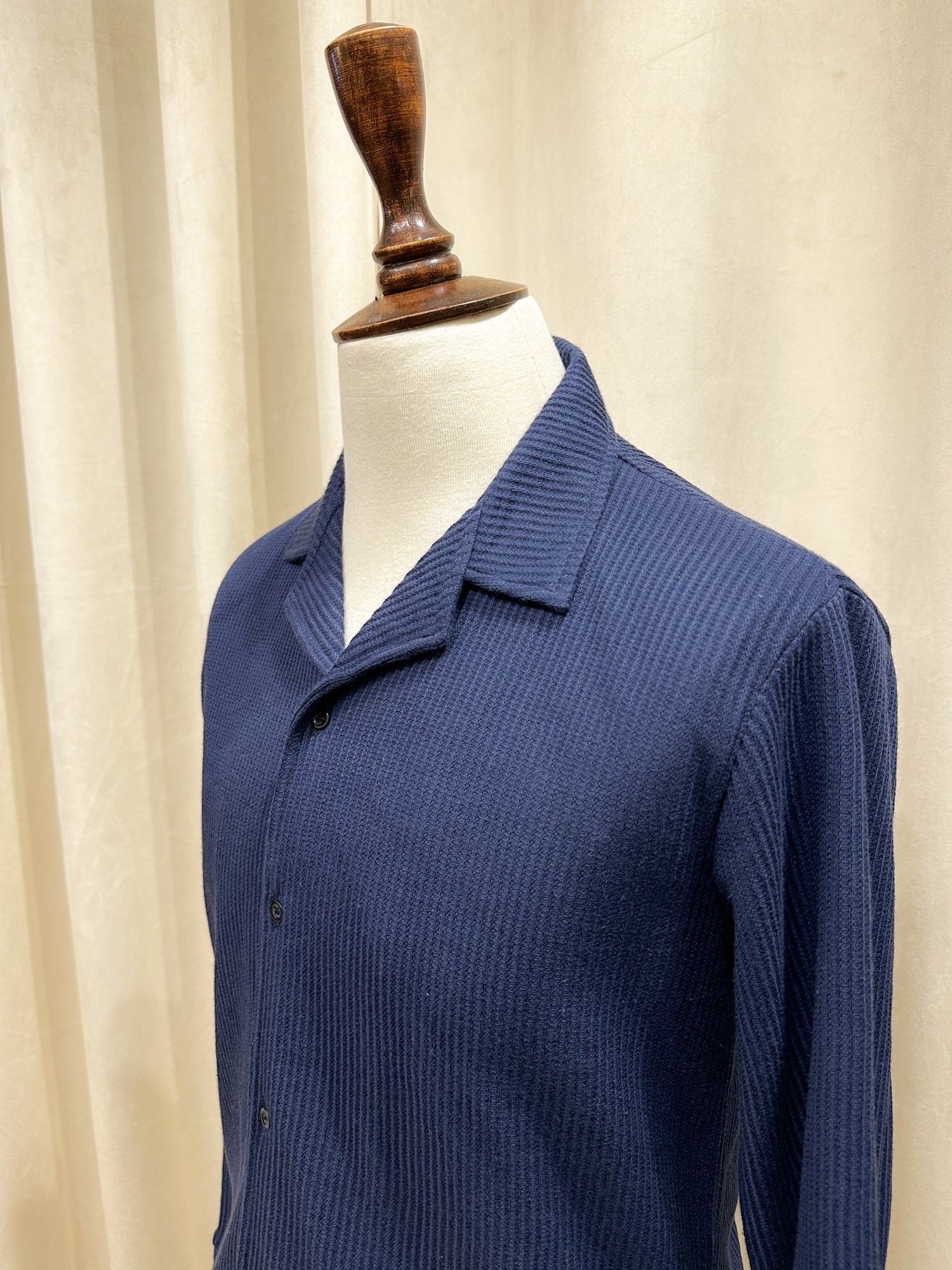 Navy Blue Drop Needle Revere Button Down - Full Sleeves