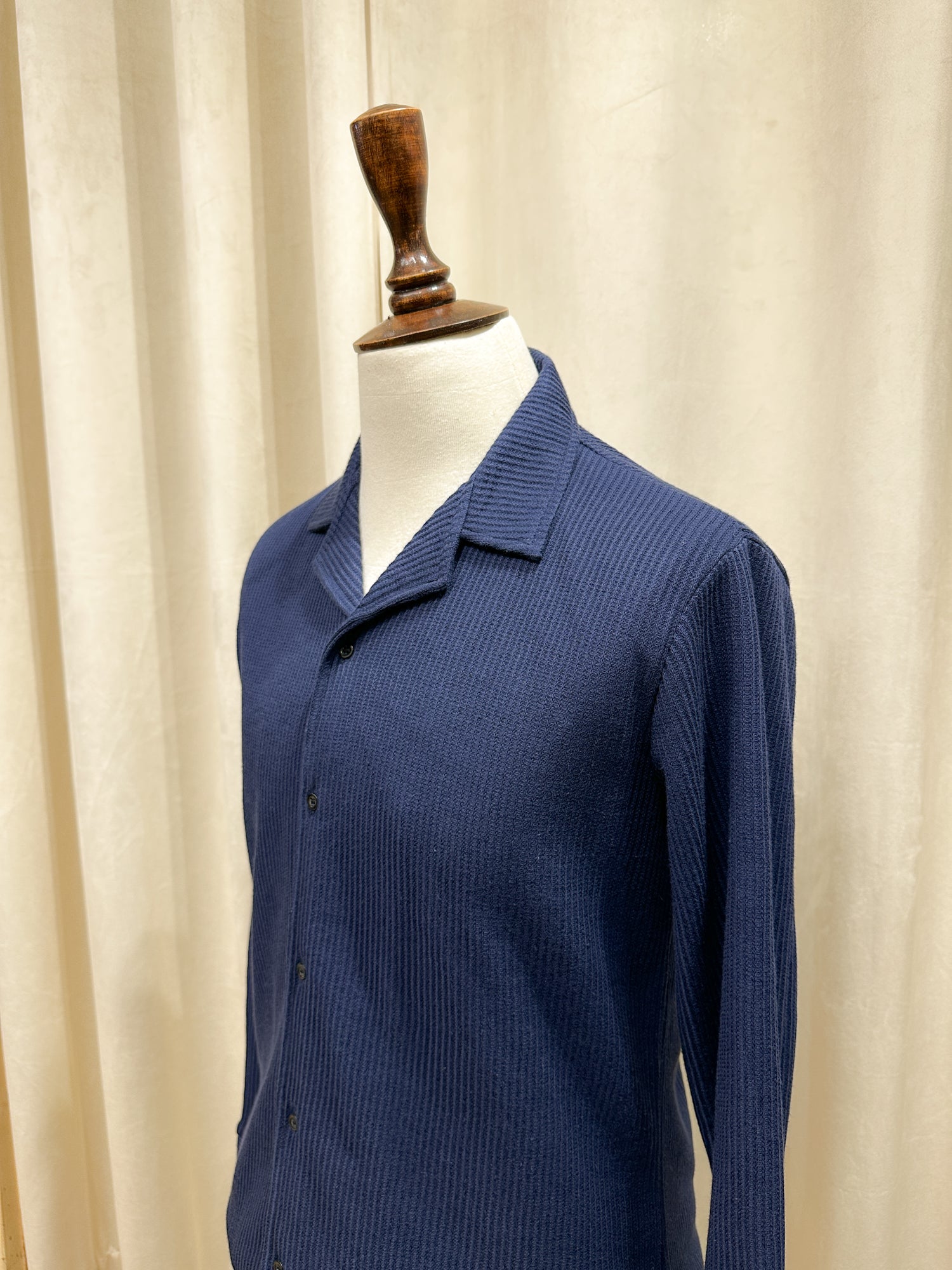 Navy Blue Drop Needle Revere Button Down - Full Sleeves