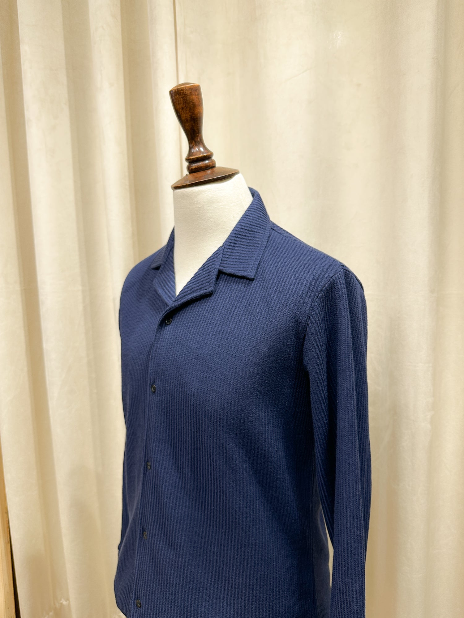 Navy Blue Drop Needle Revere Button Down - Full Sleeves